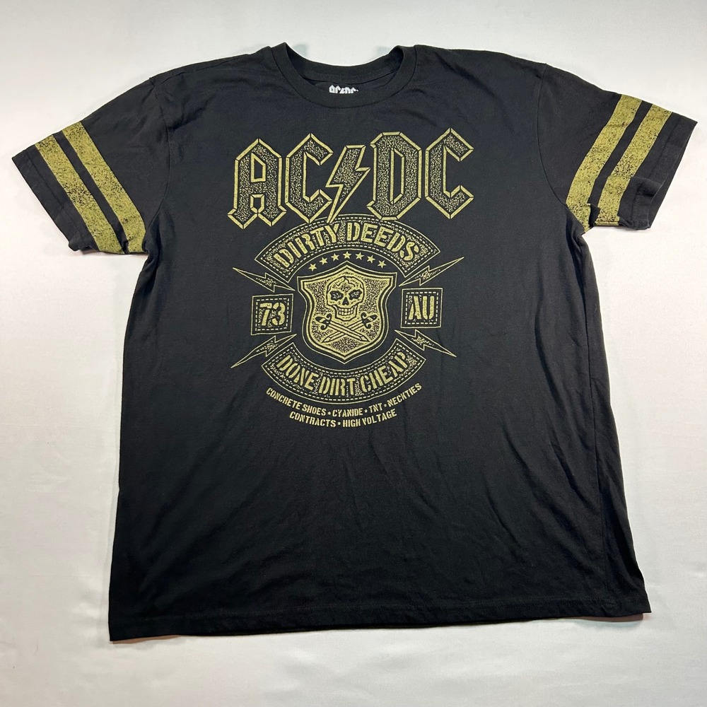 AC/DC Dirty Deeds Done Dirt Cheap Graphic T-Shirt Black Mens XL Varsity Stripe